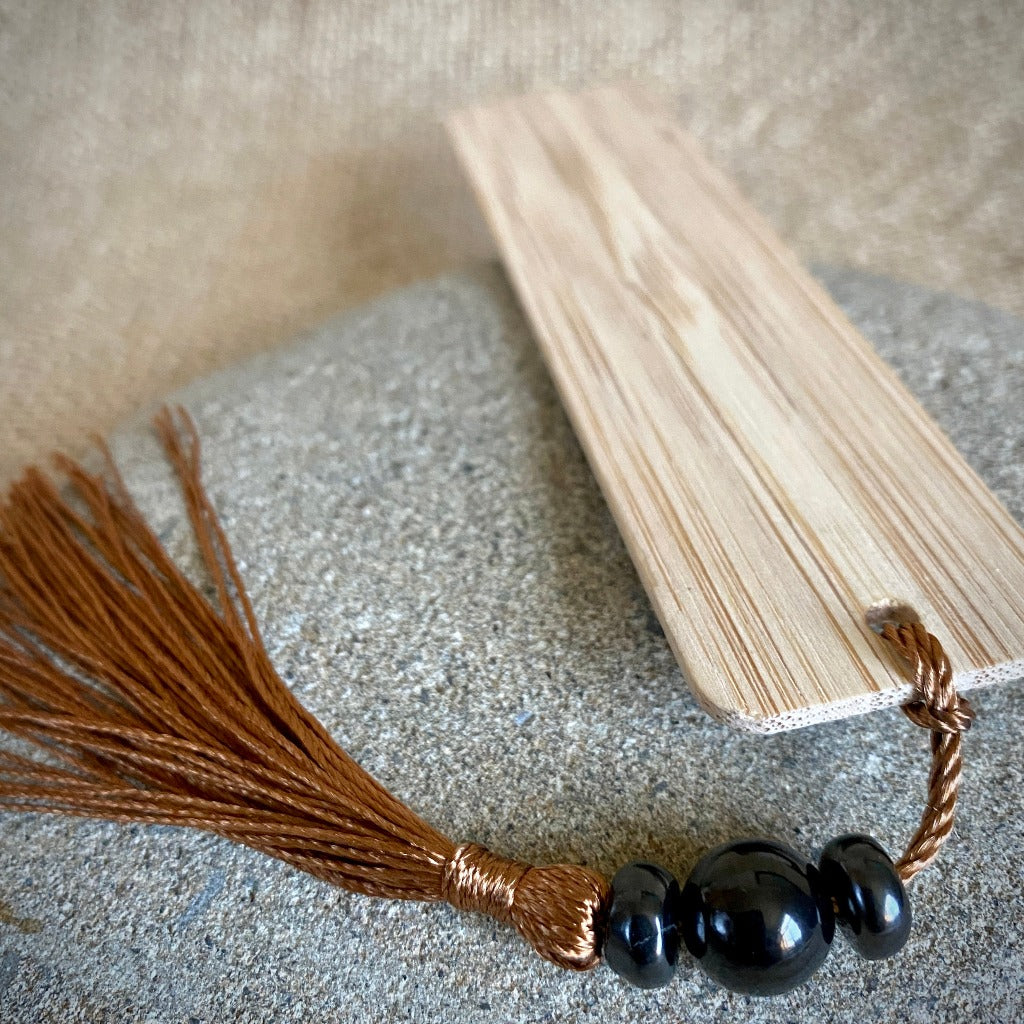 Shungite Bookmark on Bamboo with Chestnut Brown Tassel