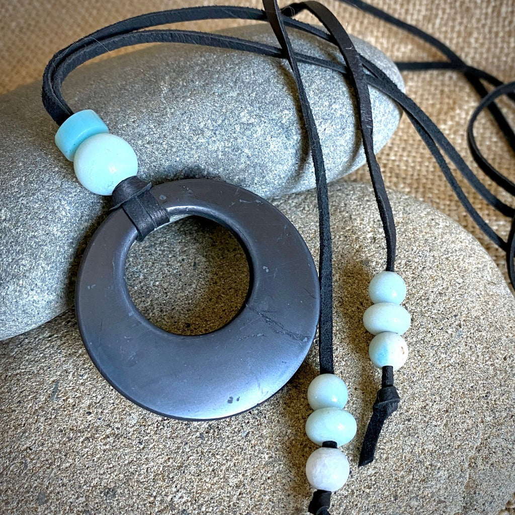 Lariat Style Shungite Necklace w/Eclipse Pendant & Amazonite Beads