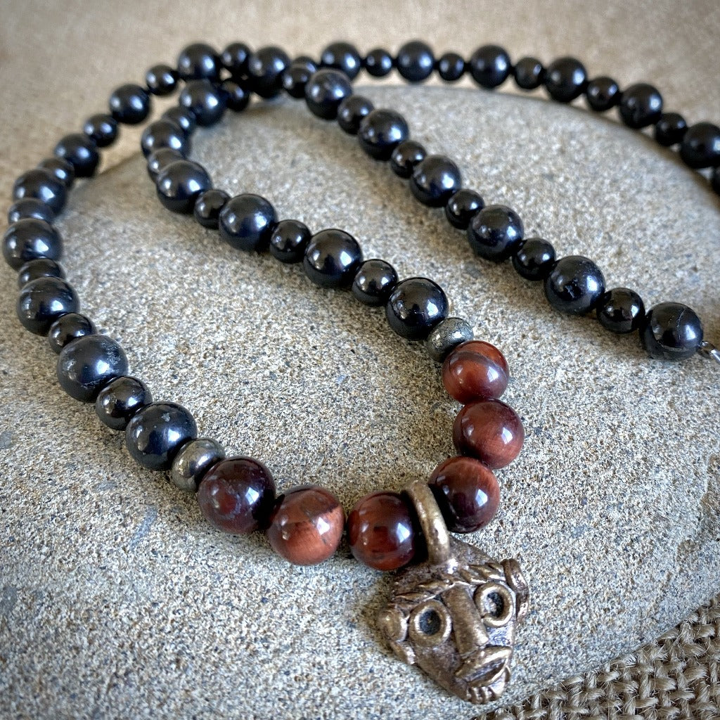 Shungite & Red Tiger's Eye Bead Necklace, Brass Face Charm, Unisex
