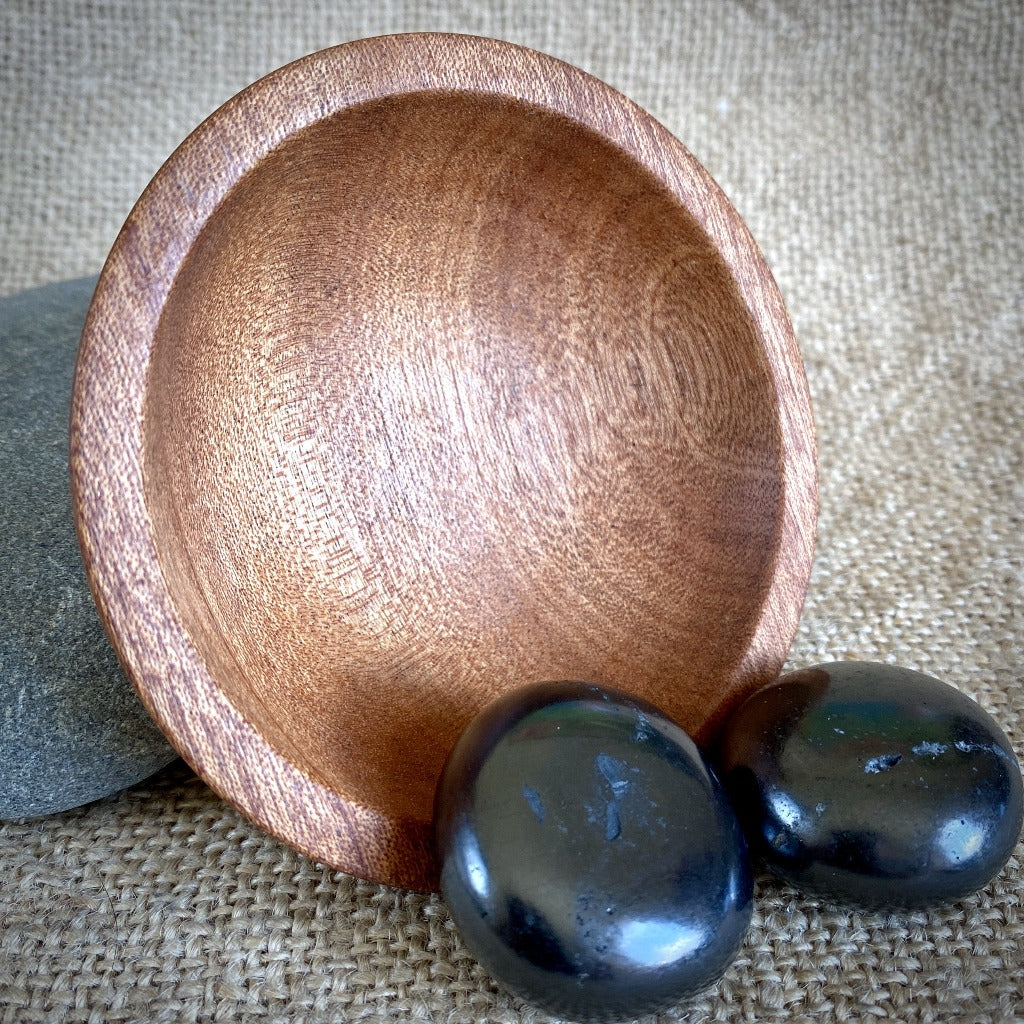 Shiva Lingam, Shungite, Selenite Rose in Custom Mahogany Wood Bowl