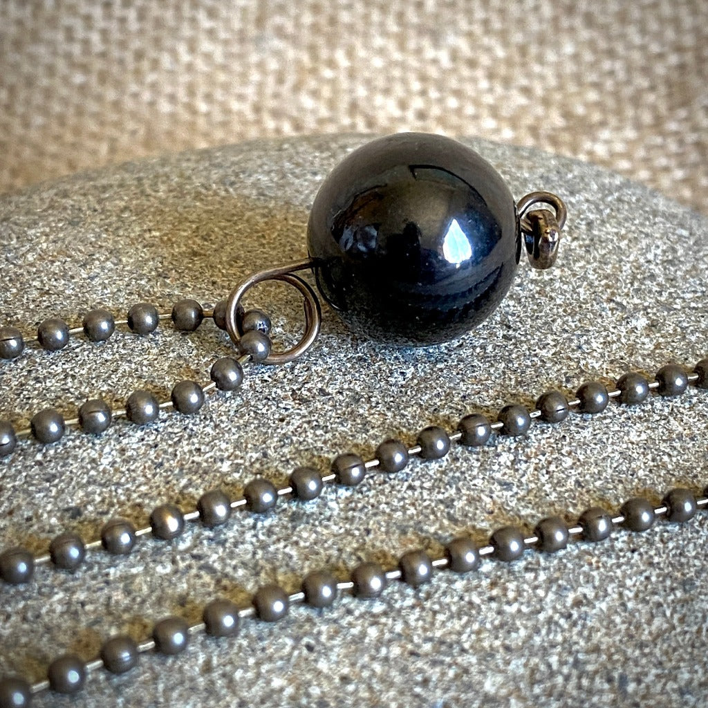 Ball & Chain Necklace, Round Shungite Bead & Antiqued Brass, Unisex