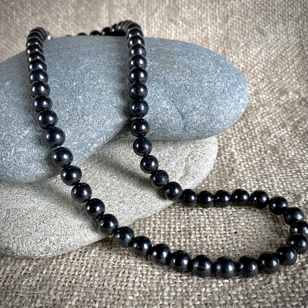 Black Shungite 8mm Round Bead Necklace, 18 Inches, Short, Unisex