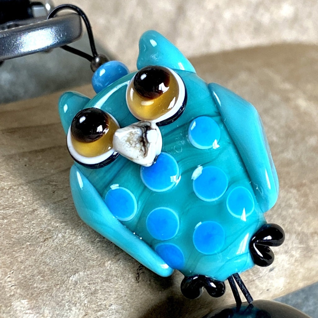 Shungite Owl Clip-on, Turquoise & Blue, Artisan Lampwork Glass Bead - Shungite Queen