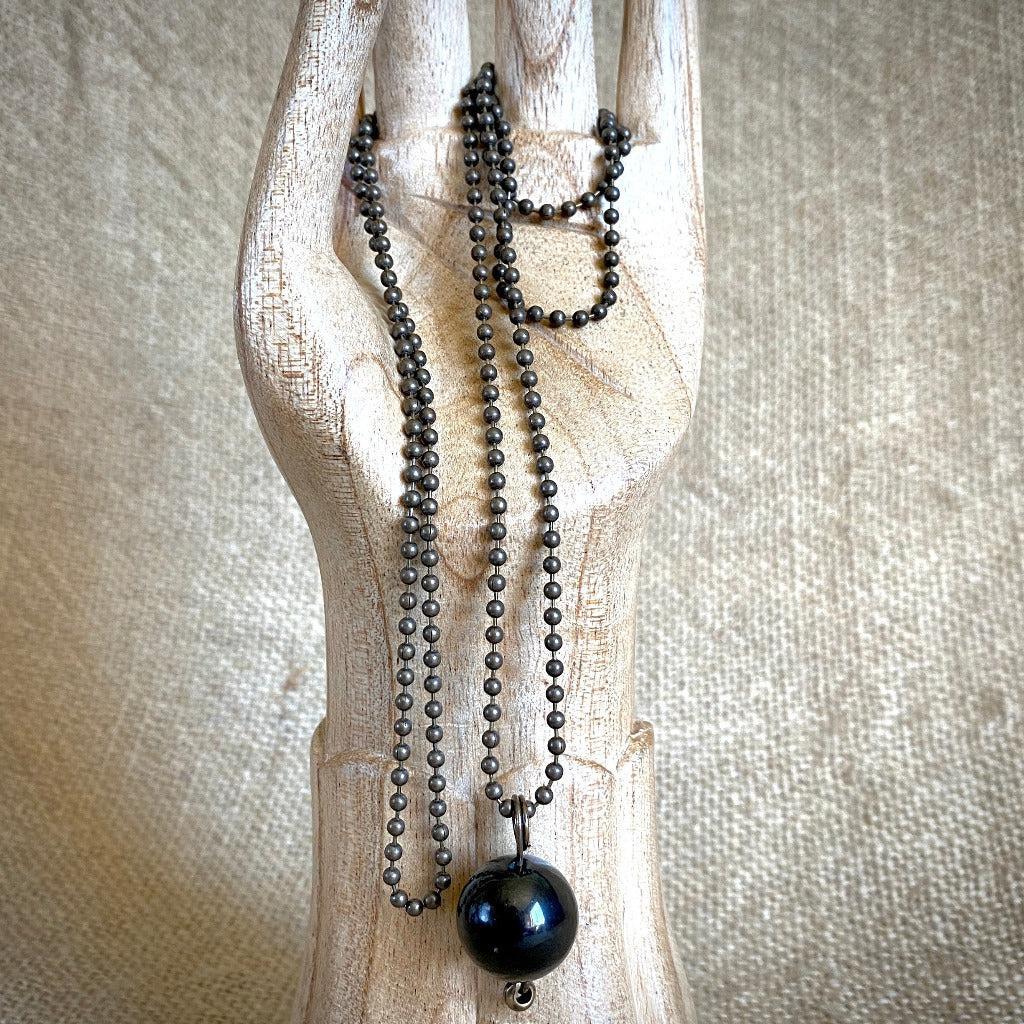 Ball & Chain Necklace, Round Shungite Bead & Antiqued Brass, Unisex