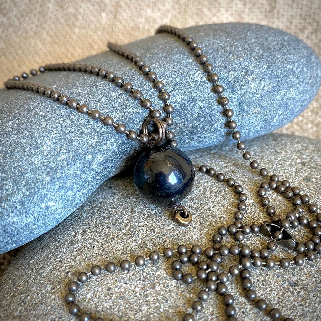 Ball & Chain Necklace, Round Shungite Bead & Antiqued Brass, Unisex