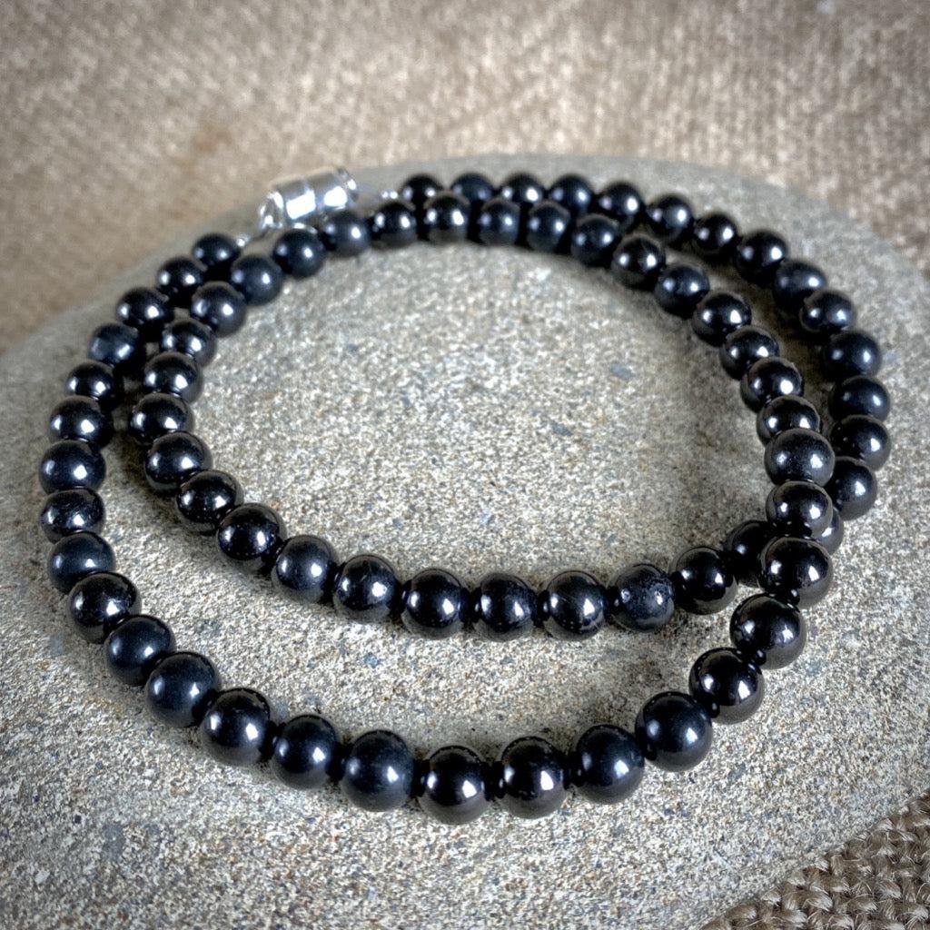 Black Shungite 6mm Round Bead Necklace, 18 Inches, Short, Unisex