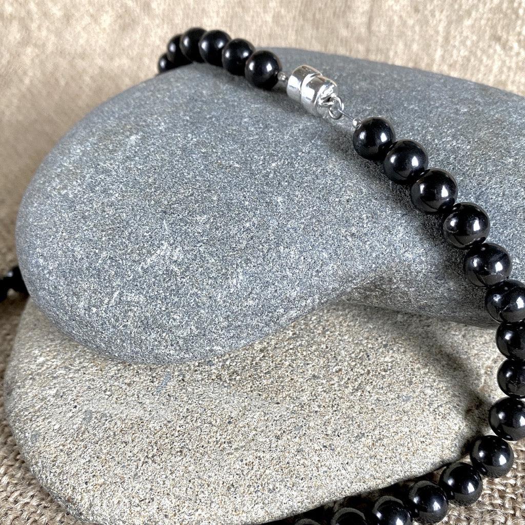 Black Shungite 8mm Round Bead Necklace, 18 Inches, Short, Unisex