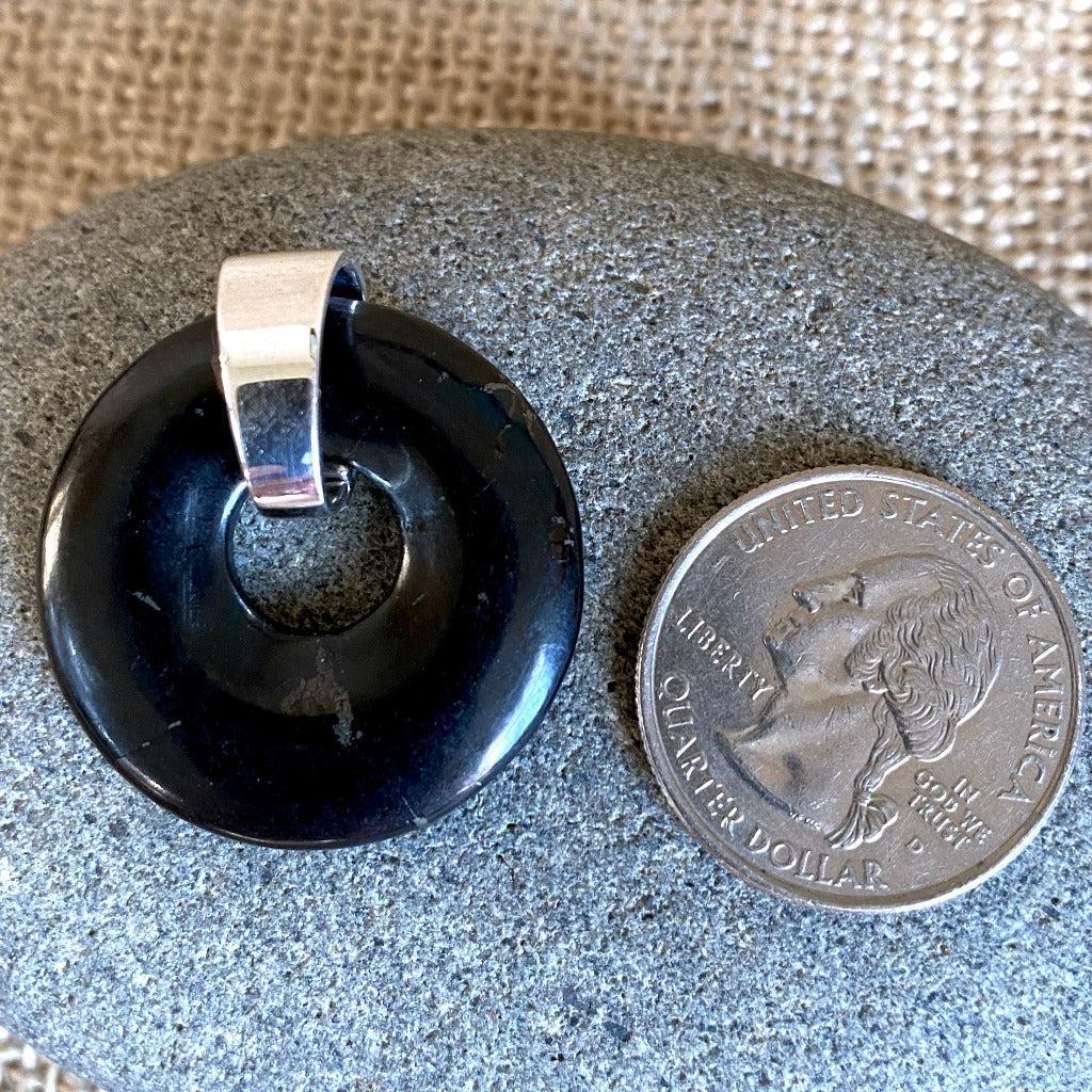 Black Shungite Donut Pendant 30mm on Leather with Sterling Silver Bail