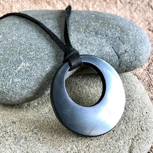 Black Shungite Eclipse Pendant, Lightweight, Circle in Circle