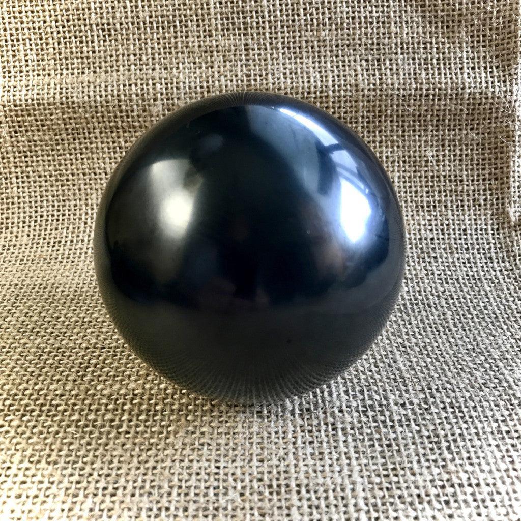 Genuine Black Shungite Sphere | 75mm, 3 Inch, Custom Mahogany Stand
