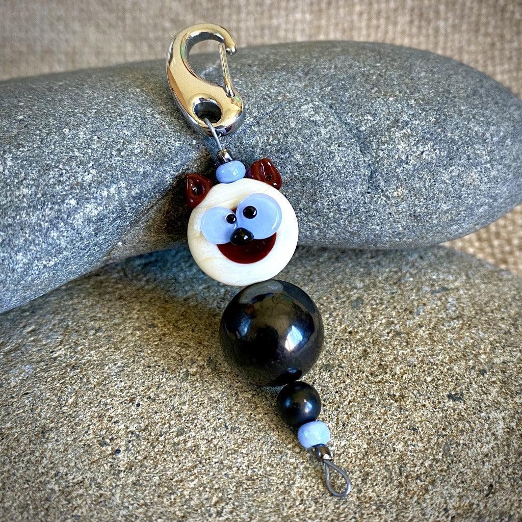 Blue-Eyed Brown & White Puppy Shungite Necklace, Clip-On for Kids