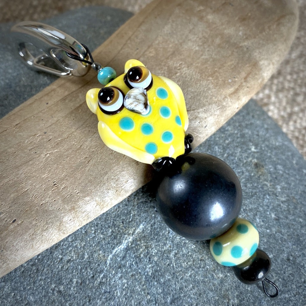 Shungite Owl Clip-on, Yellow & Turquoise, Artisan Lampwork Glass Bead - Shungite Queen