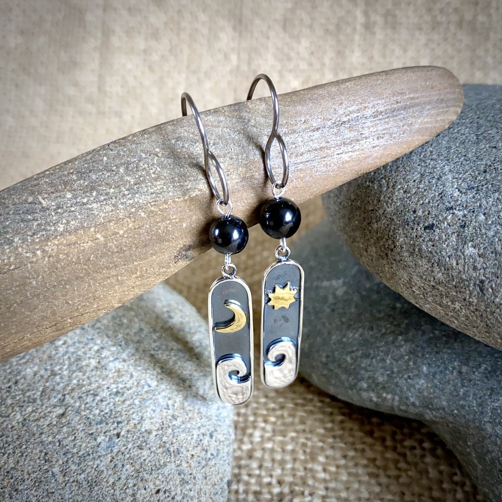 Shungite Earrings With Mixed Metals, Ocean Waves, Sun, Moon