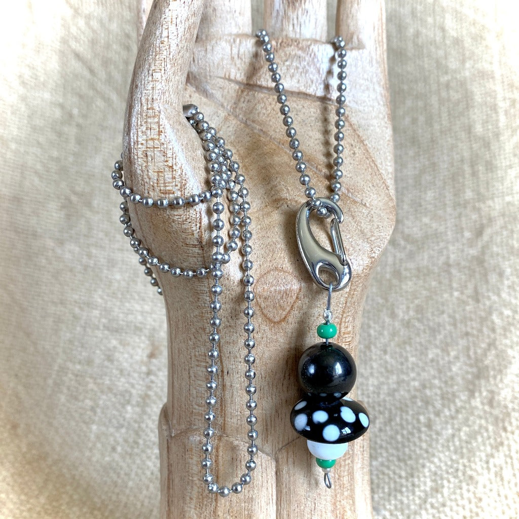 Mushroom Clip-on Necklace, Shungite, Black and White, Lampwork Glass