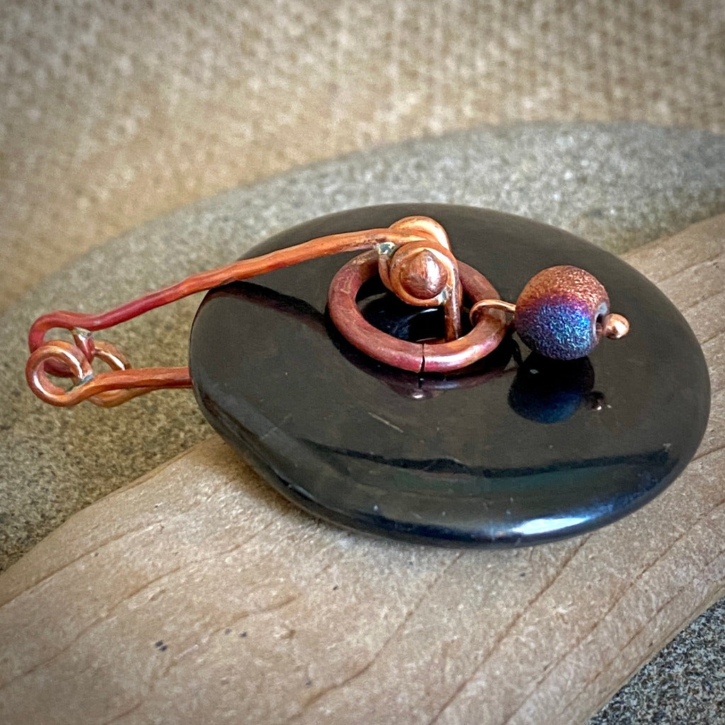 Shungite Donut Necklace 40mm With Copper Bail, Copper Ring, Raku Bead