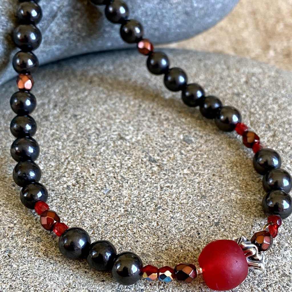 Shungite Necklace, Mixed Red Glass Beads, Shungite Holiday Bling