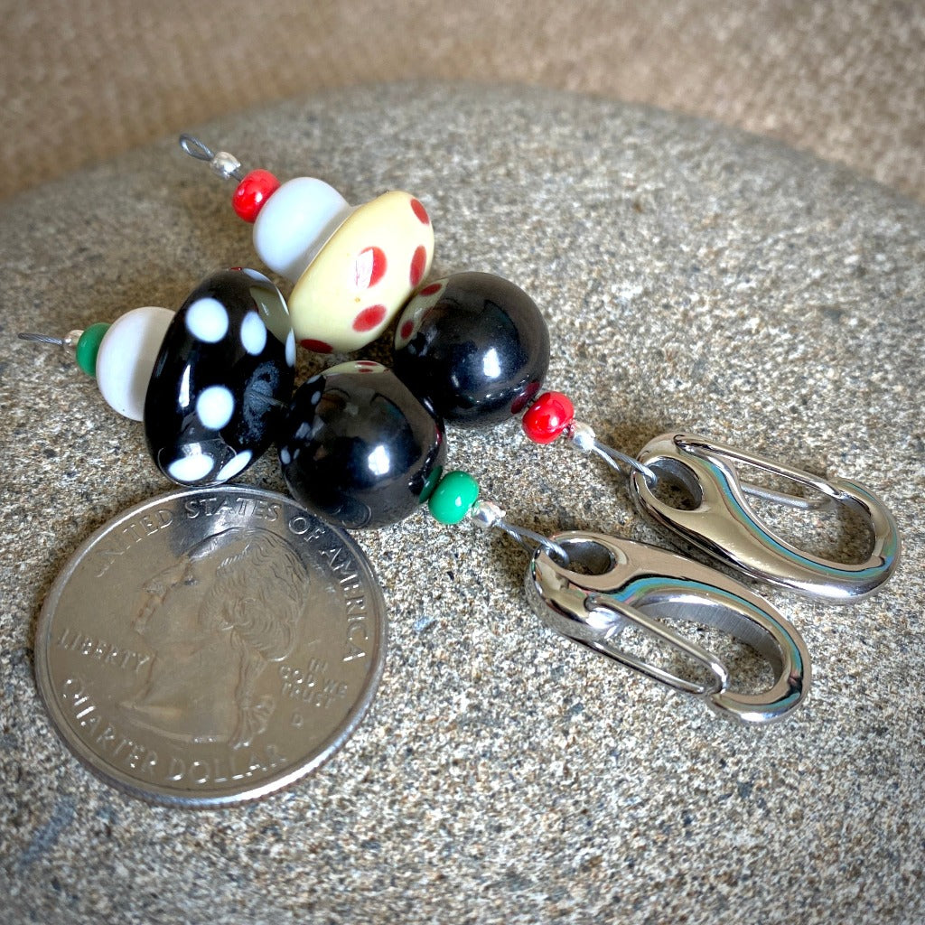 Mushroom Clip-on Necklace, Shungite, Black and White, Lampwork Glass