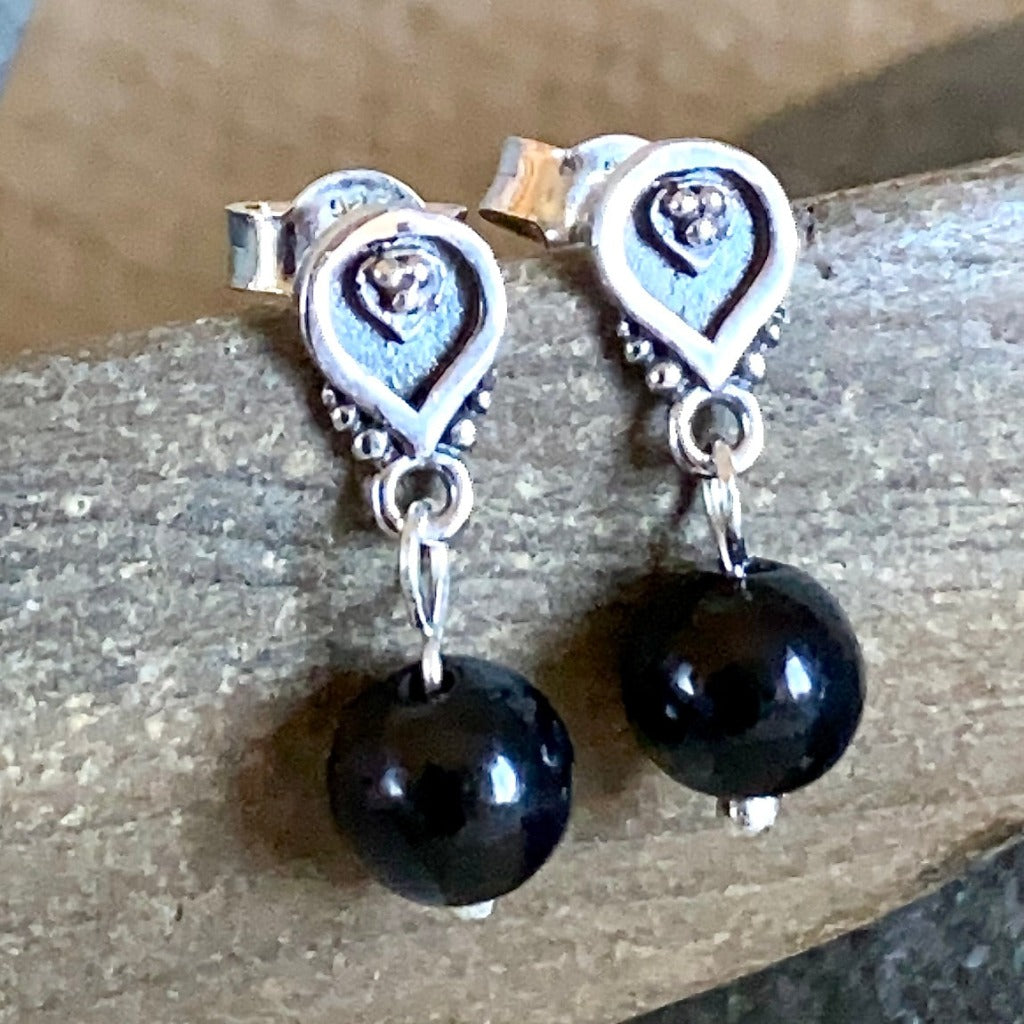 Decorated Teardrop Post Earrings, Sterling Silver & Shungite Bead