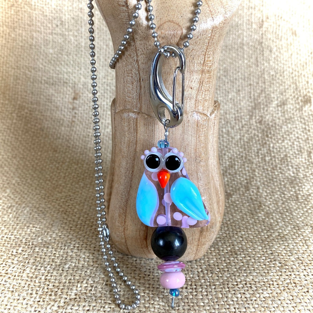 Big Silly Bird Clip-on Necklace, Shungite, Artisan Lampwork Glass Bead