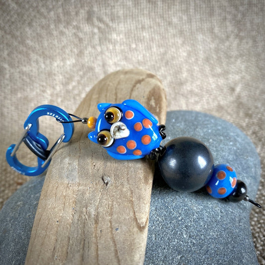 Shungite Owl Clip-on, Blue & Orange, Artisan Lampwork Glass Bead - Shungite Queen