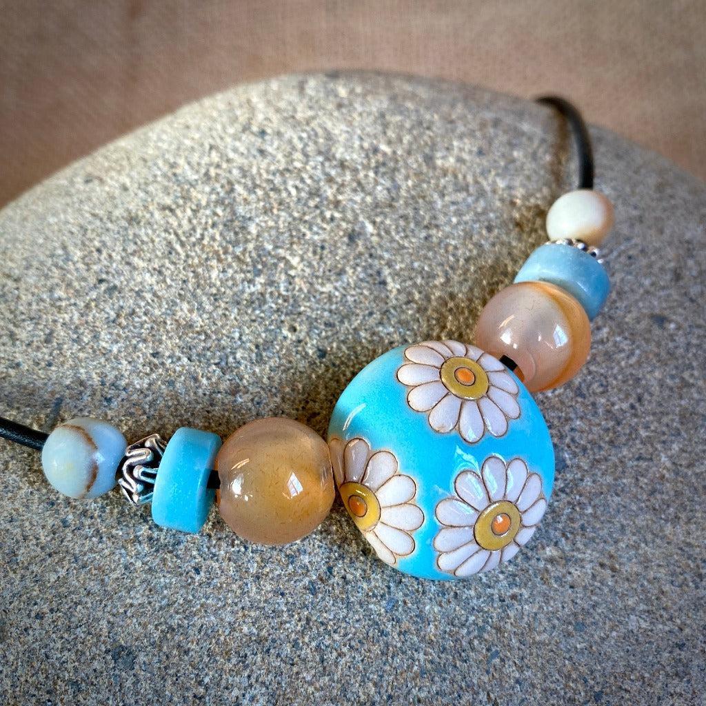 Carnelian & Amazonite Necklace w/Happy Daisies Stoneware Lentil Bead