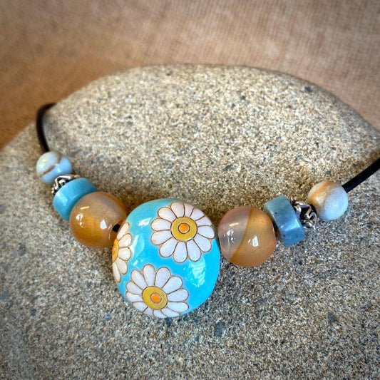 Carnelian & Amazonite Necklace w/Happy Daisies Stoneware Lentil Bead