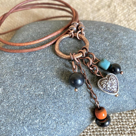 Copper Hoop Necklace with Shungite, Recycled Glass & Ceramic Beads