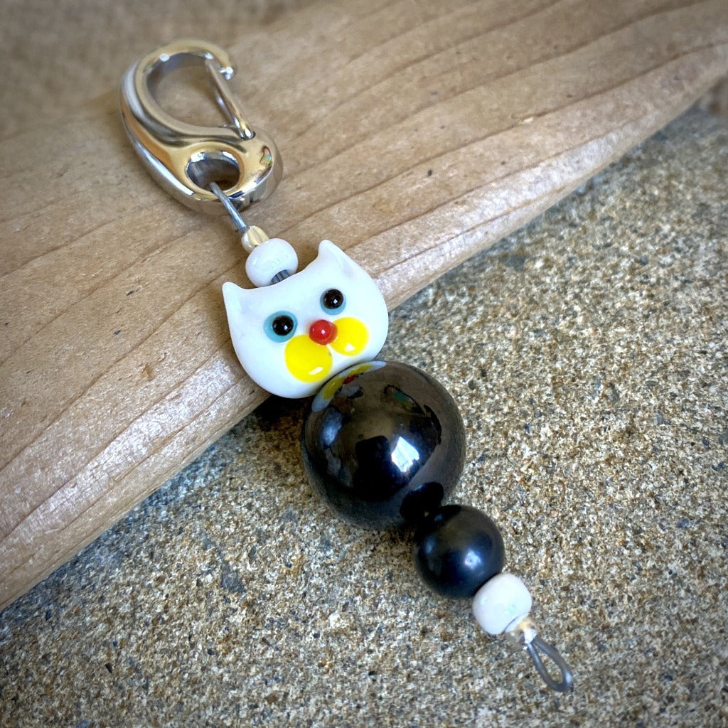 White Cat Shungite Necklace on Silver Ball Chain, Clip-On Accessory, Kids