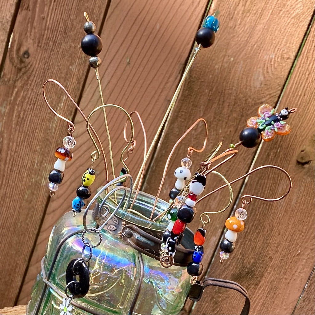 Cute Garden Shungite Plant Stake, Artisan Lampwork Glass Beads