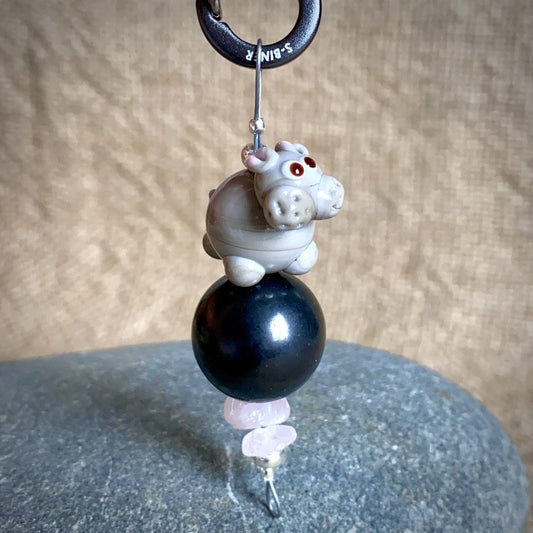 Shungite Hippo Clip-On w/Rose Quartz, Artisan Lampwork Glass Bead - Shungite Queen
