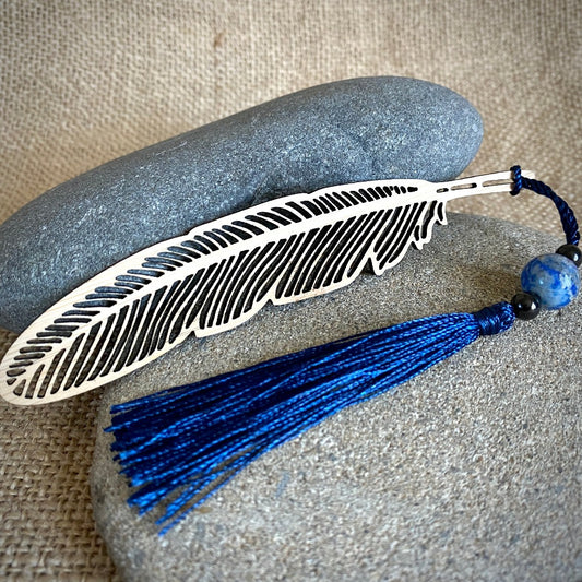 Bamboo Feather Shungite Bookmark with Lapis & Blue Tassel