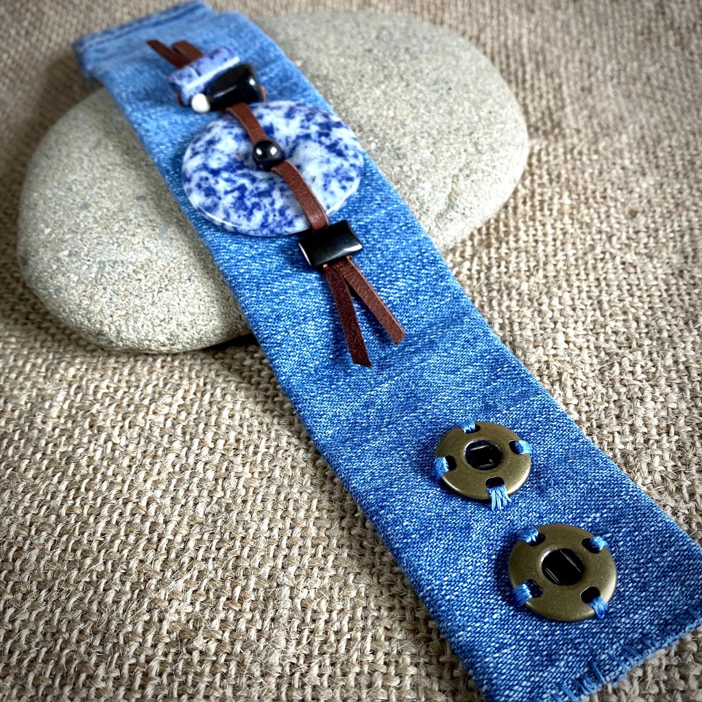 Blue Denim Cuff Bracelet, Sodalite Donut, Shungite & Sodalite Beads - Shungite Queen