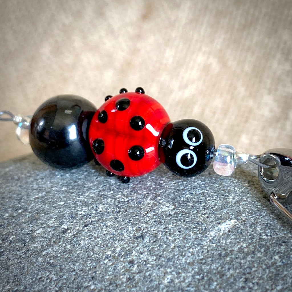 Shungite Ladybug Clip-on Necklace, Artisan Lampwork Glass Bead