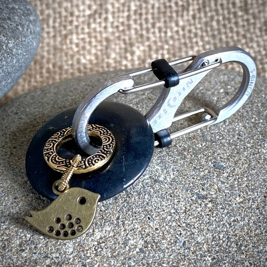 Shungite Donut Carabiner Clip-On, Brass Bird Charm & Embossed Brass Rings