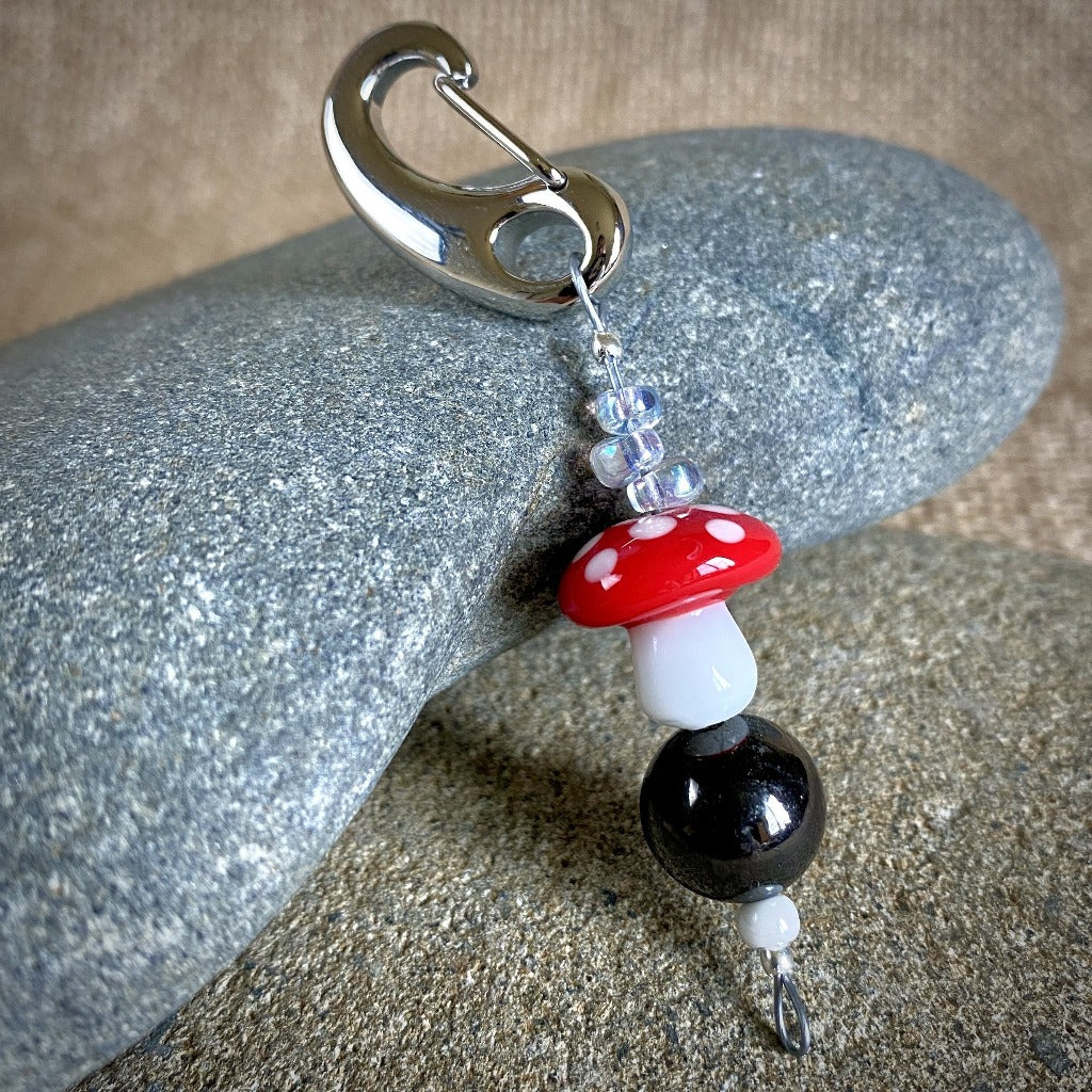 Shungite Clip-On with Red & White Glass Mushroom, Fun & Colorful