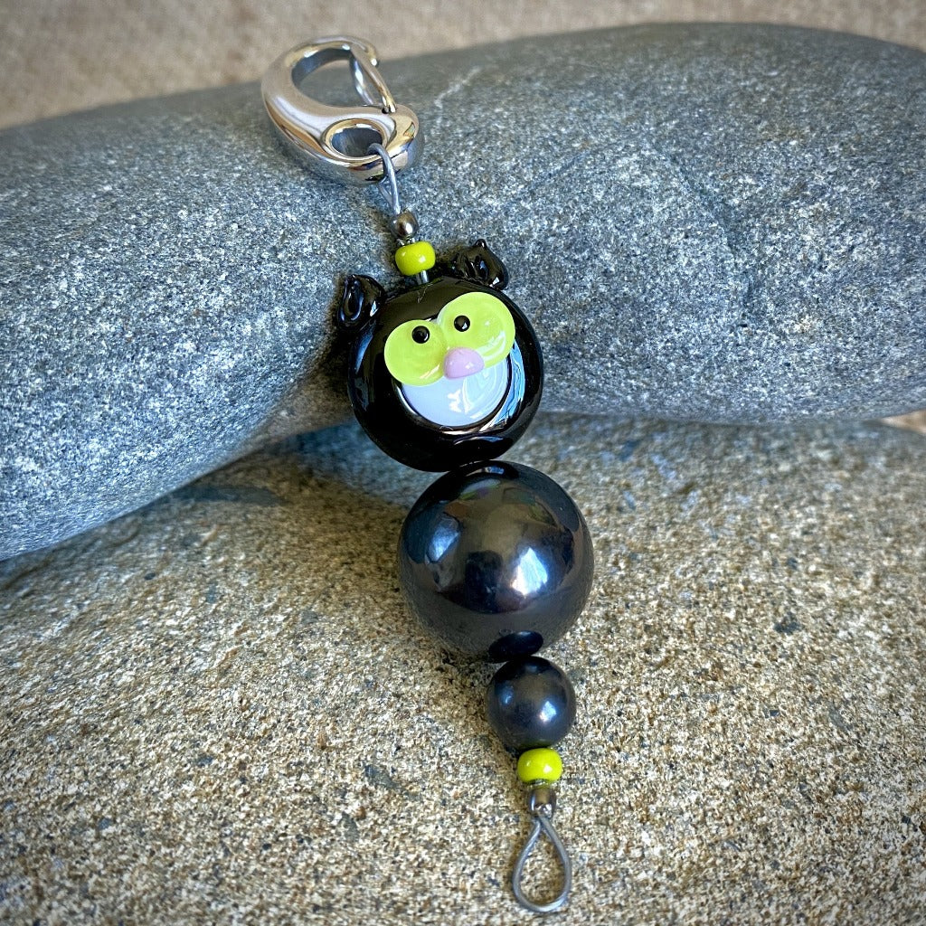 Green Eyed Black Cat Shungite Necklace, Clip-On, Accessory for Kids