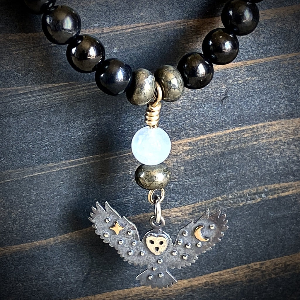 Black Shungite, Pyrite, & Selenite Necklace, Mixed Metal Owl Pendant