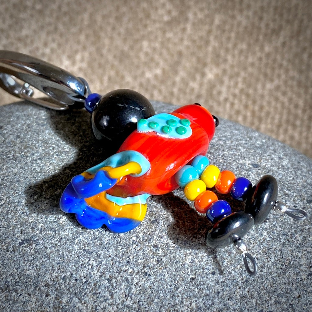 Colorful Shungite Bird Clip-on, Red and Blue, Artisan Lampwork Glass