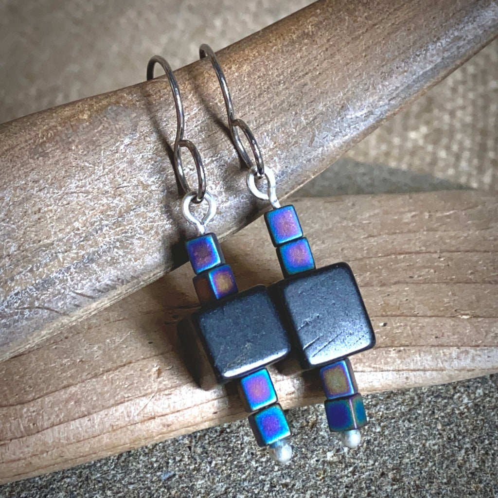 Shungite Cube Earrings with 4 Blue Iridescent Glass Cube Beads