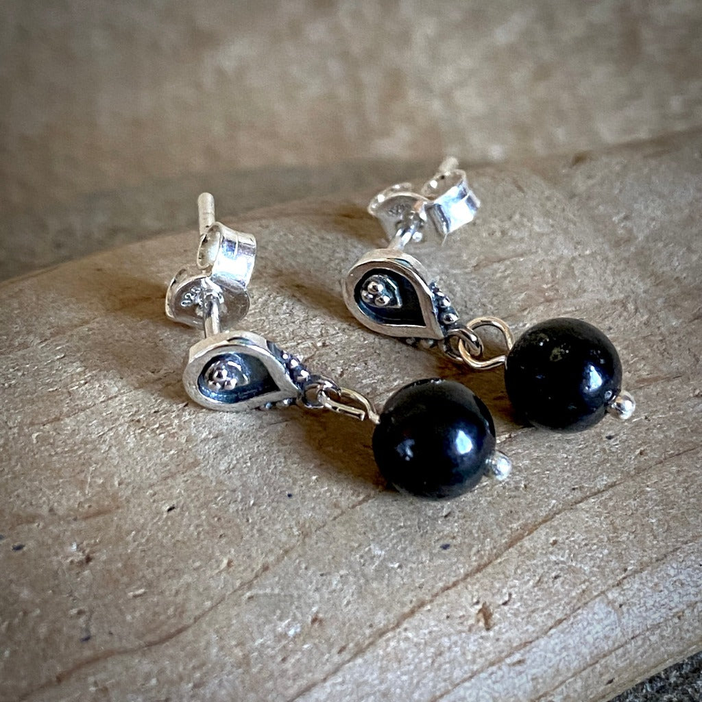 Decorated Teardrop Post Earrings, Sterling Silver & Shungite Bead