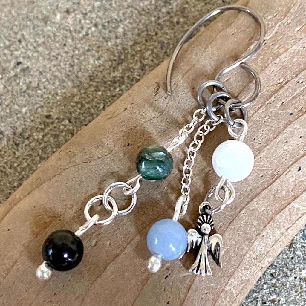 Dangling Angel Earrings With Celestite, Angelite, Seraphinite, & Shungite