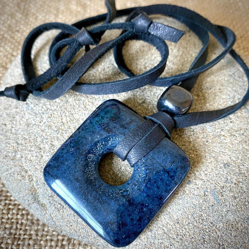 Dumortierite Square Donut Pendant with Shungite, Decluttering Necklace