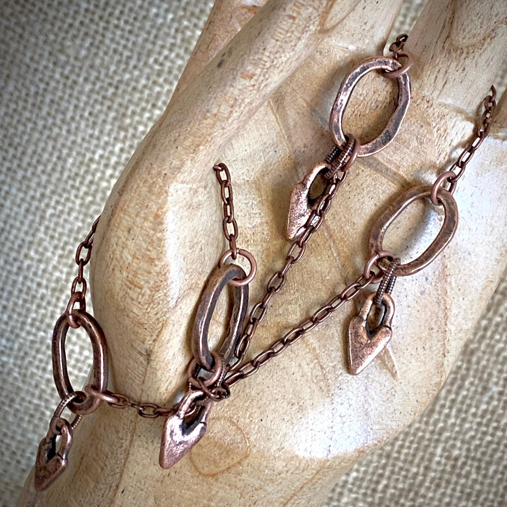 Large Copper Topper with Antique Copper Oval Link Heart Dangles