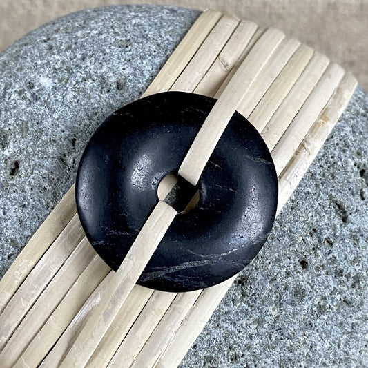 Wrapped Rock, Shungite Donut, Natural Cane, Gray, Pitted Texture