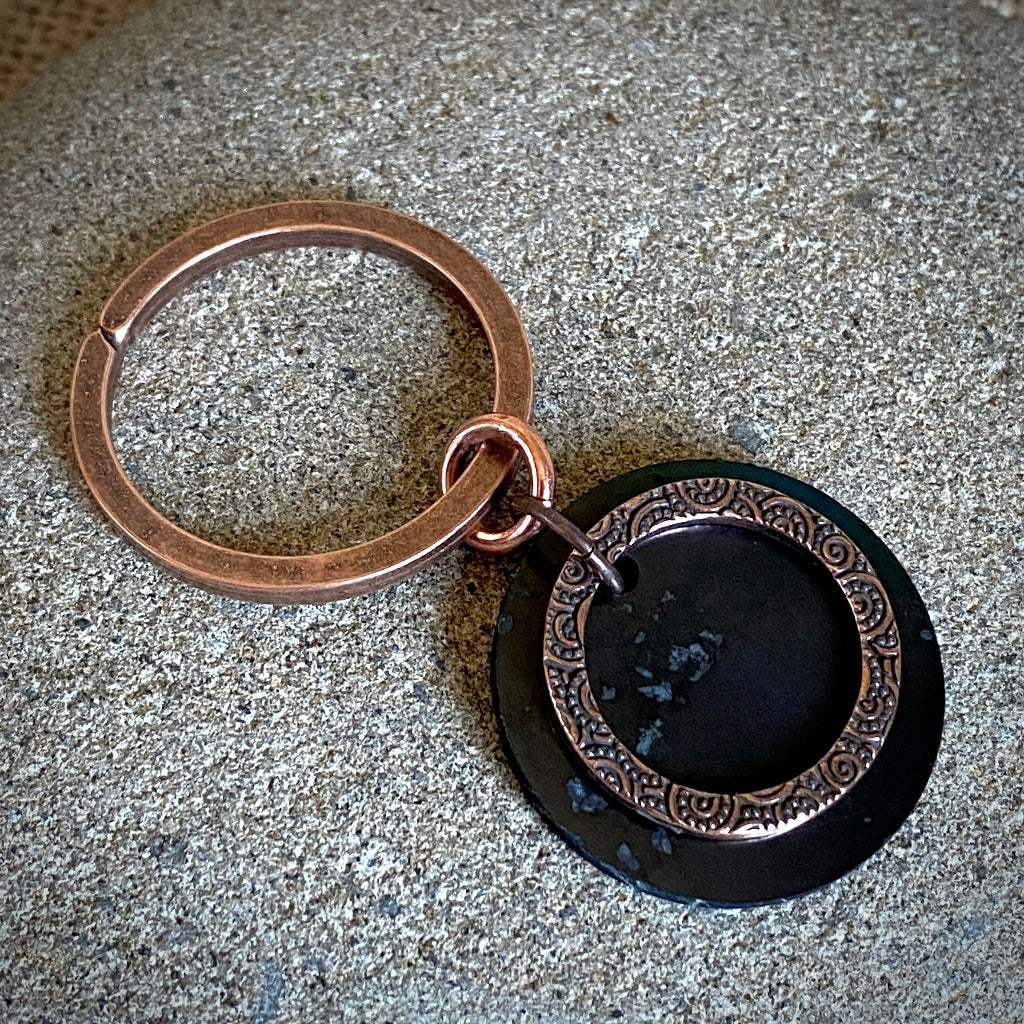 Shungite Keychain, Textured Copper Ring & Shungite Circle