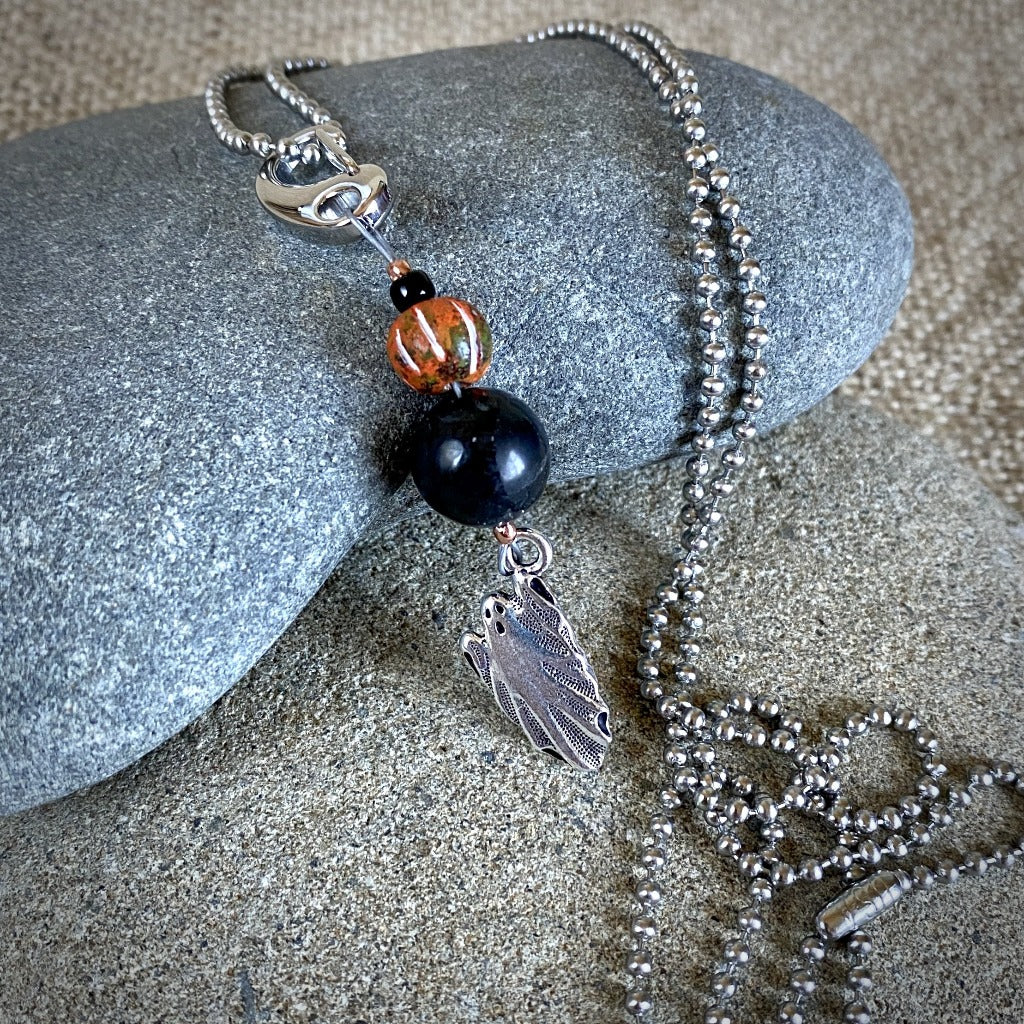 Ghost & Pumpkin Halloween Clip-On Necklace with Shungite