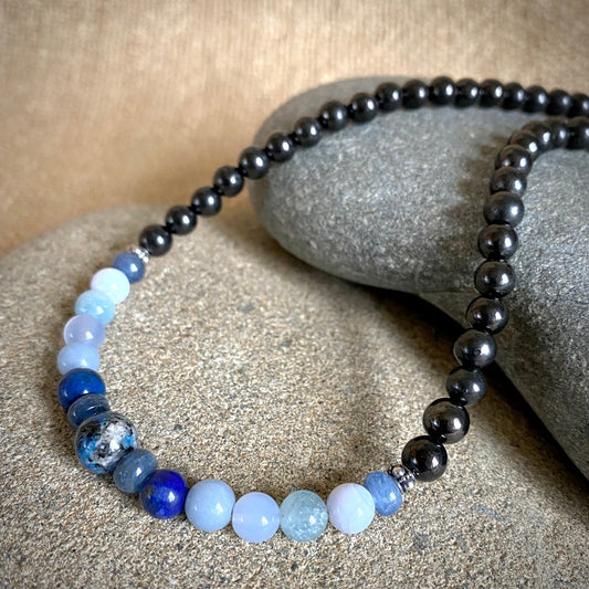 Short Shungite Necklace, Blue Gemstones, Throat Chakra, Communication