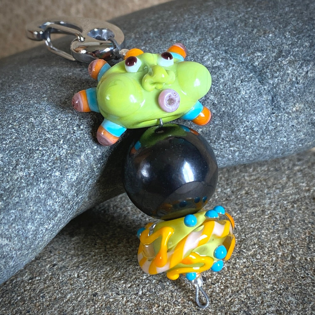 Shungite Clip-on, Necklace, Whimsical Lime Green Sun Face, Lampwork Glass