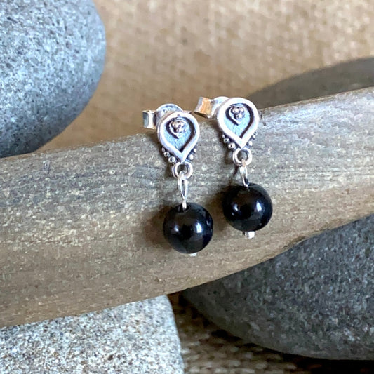 Decorated Teardrop Post Earrings, Sterling Silver & Shungite Bead