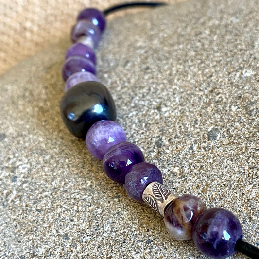 Shungite Cube Bead Necklace, Amethyst, Intuition, Calming the Mind
